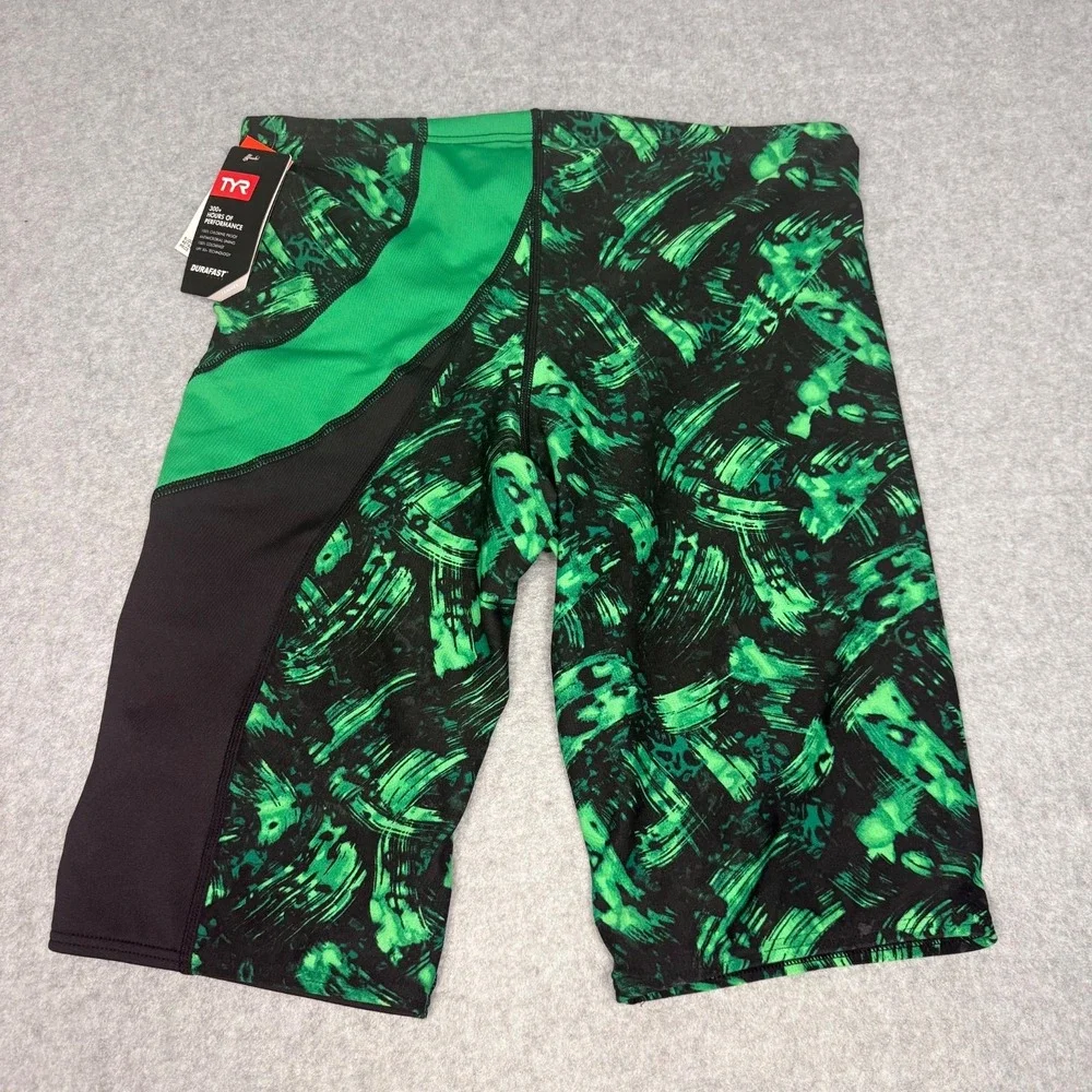 NWT TYR Mens Emulsion Wave Jammer Swim Trunks Suit Green 50+ UPF Size 34